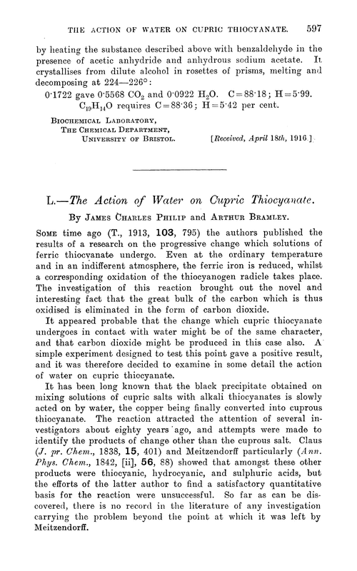 L.—The action of water on cupric thiocyanate