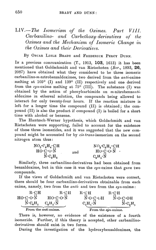 LIV.—The isomerism of the oximes. Part VIII. Carbanilino- and carbethoxy-derivatives of the oximes and the mechanism of isomeric change in the oximes and their derivatives