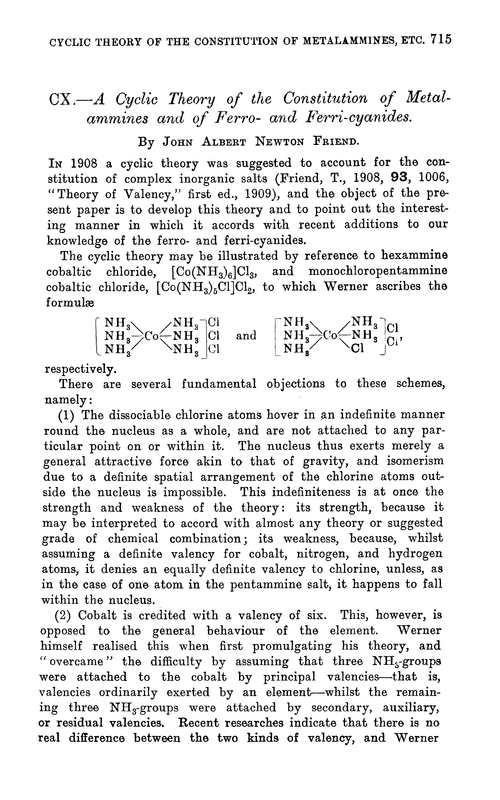 CX.—A cyclic theory of the constitution of metalammines and of ferro- and ferri-cyanides