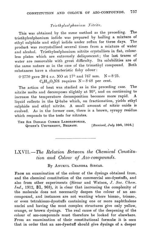 LXVII.—The relation between the chemical constitution and colour of azo-compounds