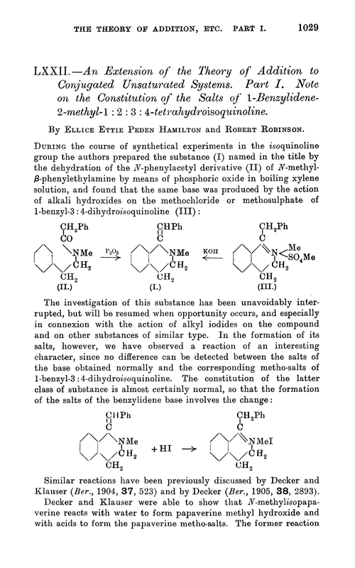 LXXII.—An extension of the theory of addition to conjugated unsaturated systems. Part I. Note on the constitution of the salts of 1-benzylidene-2-methyl-1 : 2 : 3 : 4-tetrahydroisoquinoline