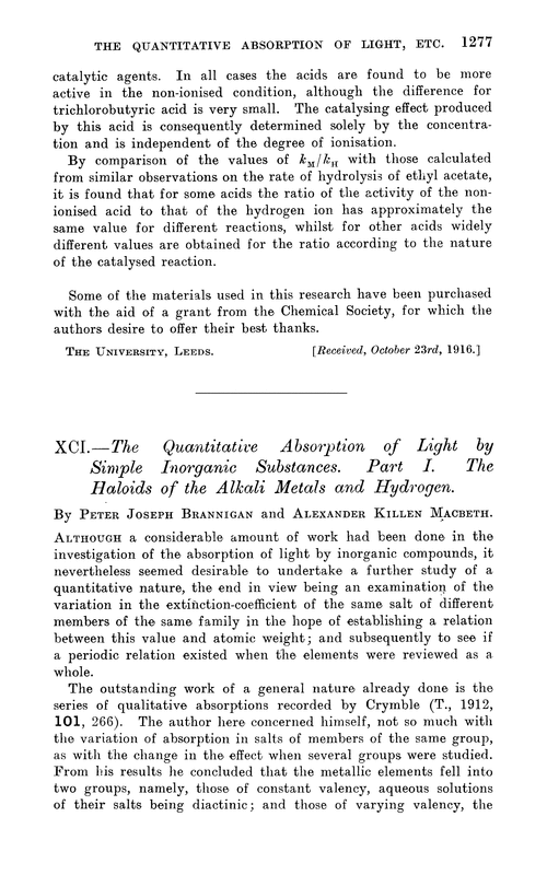 XCI.—The quantitative absorption of light by simple inorganic substances. Part I. The haloids of the alkali metals and hydrogen