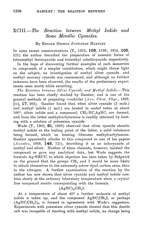 XCIII.—The reaction between methyl iodide and some metallic cyanides
