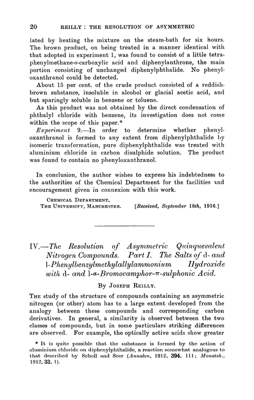IV.—The resolution of asymmetric quinquevalent nitrogen compounds. Part I. The salts of d-and l-phenylbenzylmethylallylammonium hydroxide with d- and l-α-bromocamphor-π-sulphonic acid