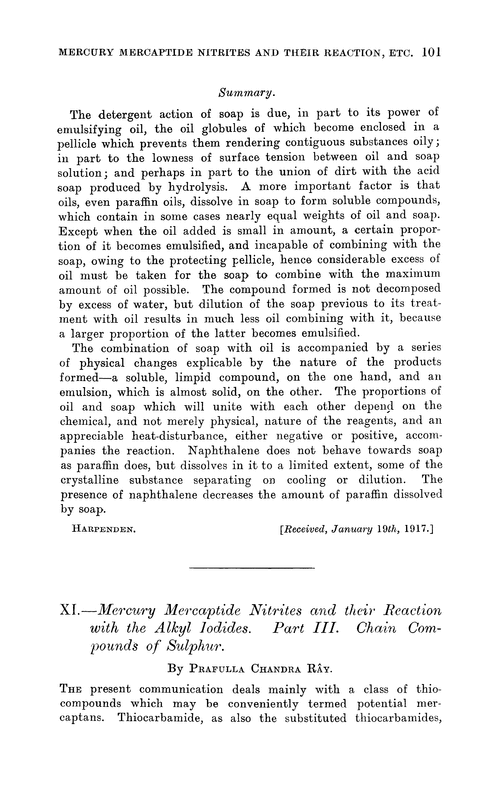 XI.—Mercury mercaptide nitrites and their reaction with the alkyl iodides. Part III. Chain compounds of sulphur