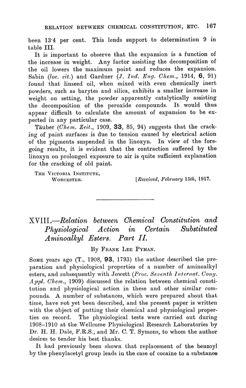 XVIII.—Relation between chemical constitution and physiological action in certain substituted aminoalkyl esters. Part II