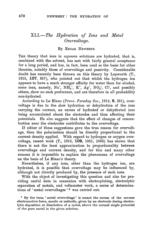 XLI.—The hydration of ions and metal overvoltage