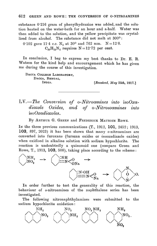 LV.—The conversion of o-nitroamines into isooxadiazole oxides, and of o-nitrosoamines into isooxadiazoles