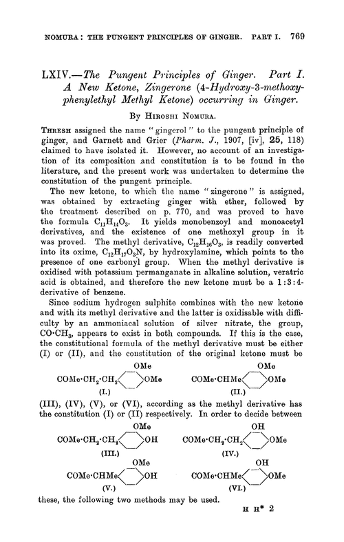 LXIV.—The pungent principles of ginger. Part I. A new ketone, zingerone (4-hydroxy-3-methoxyphenylethyl methyl ketone) occurring in ginger
