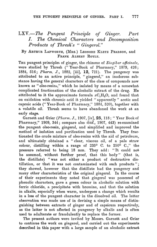 LXV.—The pungent principle of ginger. Part I. The chemical characters and decomposition products of Thresh's “gingerol.”