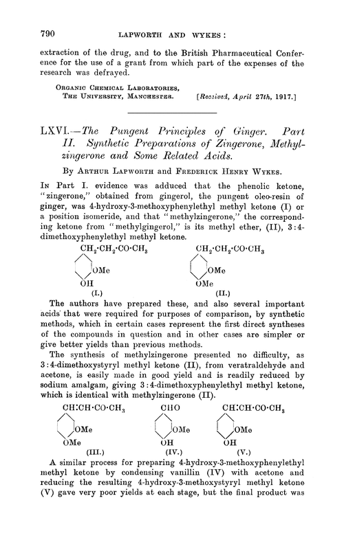 LXVI.—The pungent principles of ginger. Part II. Synthetic preparations of zingerone, methylzingerone and some related acids