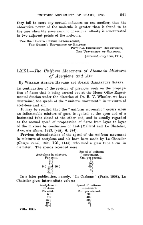 LXXI.—The uniform movement of flame in mixtures of acetylene and air