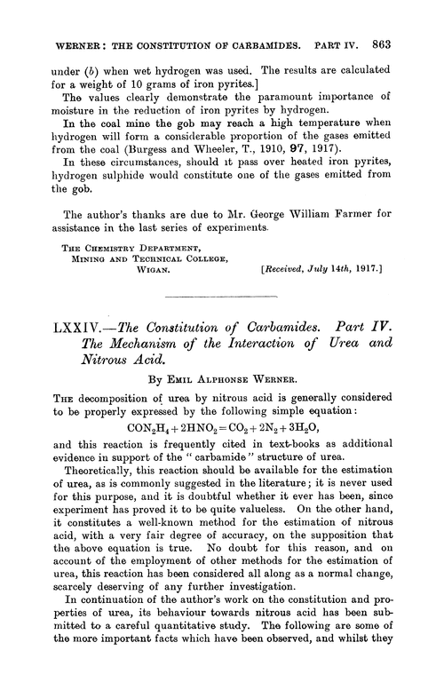 LXXIV.—The constitution of carbamides. Part IV. The mechanism of the interaction of urea and nitrous acid