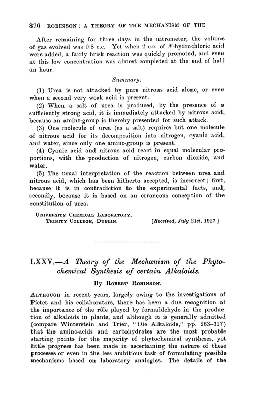 LXXV.—A theory of the mechanism of the phytochemical synthesis of certain alkaloids