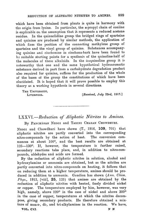 LXXVI.—Reduction of aliphatic nitrites to amines