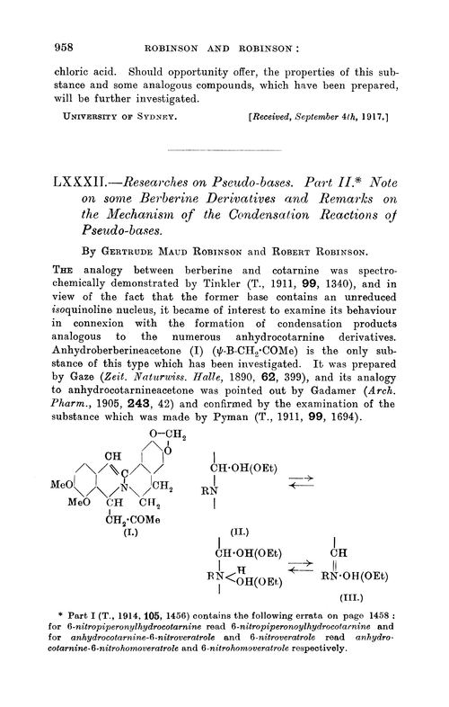 LXXXII.—Researches on pseudo-bases. Part II. Note on some berberine derivatives and remarks on the mechanism of the condensation reactions of pseudo-bases