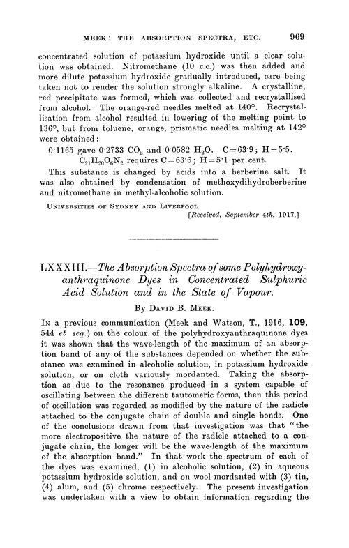 LXXXIII.—The absorption spectra of some polyhydroxyanthraquinone dyes in concentrated sulphuric acid solution and in the state of vapour