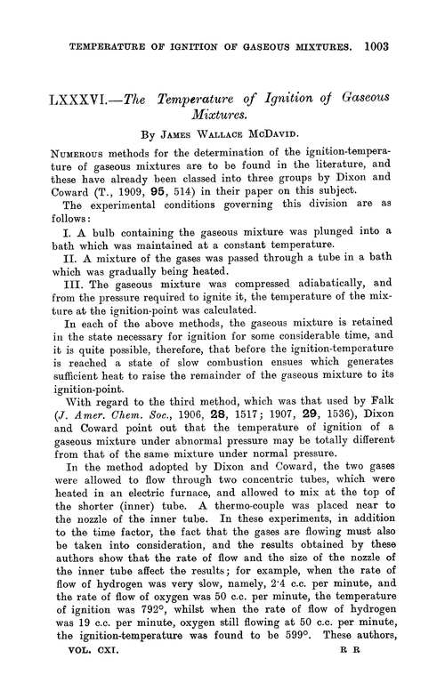 LXXXVI.—The temperature of ignition of gaseous mixtures