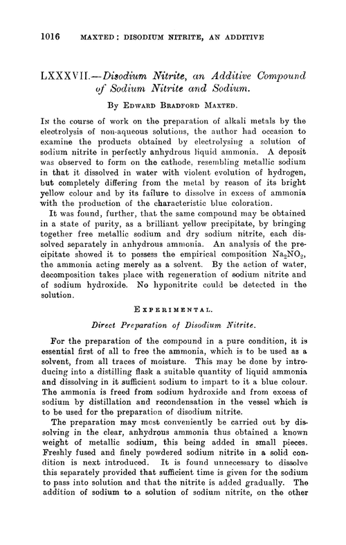 LXXXVII.—Disodium nitrite, an additive compound of sodium nitrite and sodium