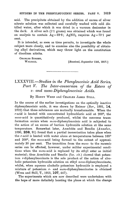 LXXXVIII.—Studies in the phenylsuccinic acid series. Part V. The inter-conversion of the esters of r- and meso-diphenylsuccinic acids