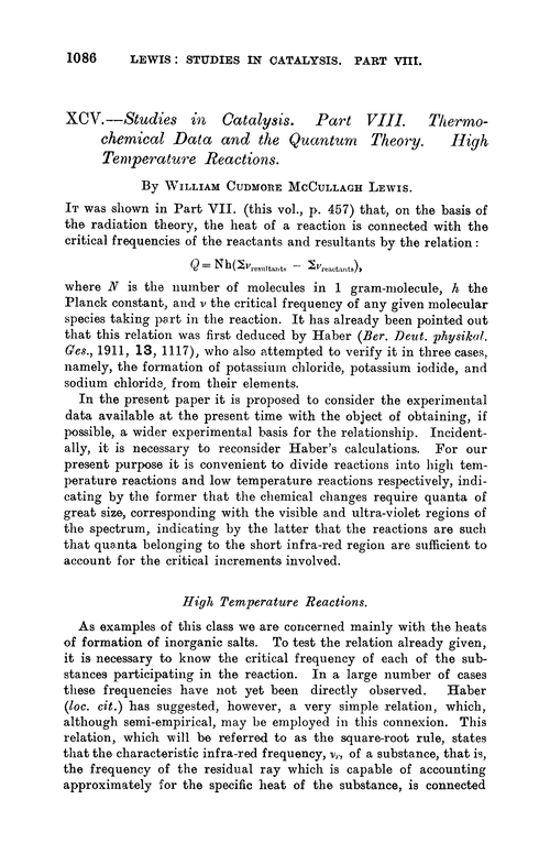 XCV.—Studies in catalysis. Part VIII. Thermochemical data and the quantum theory. High temperature reactions