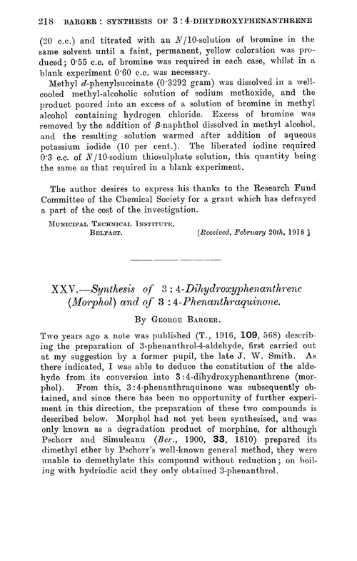 XXV.—Synthesis of 3 : 4-dihydroxyphenanthrene (morphol) and of 3 : 4-phenanthraquinone