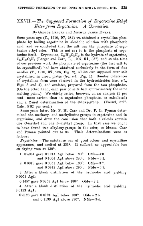 XXVII.—The supposed formation of ergotoxine ethyl ester from ergotinine. A correction