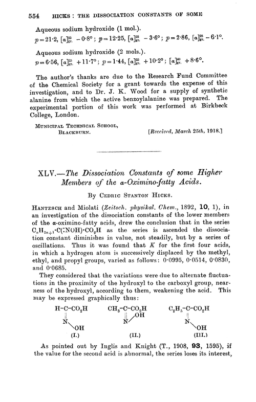 XLV.—The dissociation constants of some higher members of the α-oximino-fatty acids