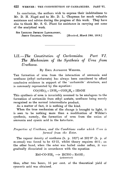 LII.—The constitution of carbamides. Part VI. The mechanism of the synthesis of urea from urethane