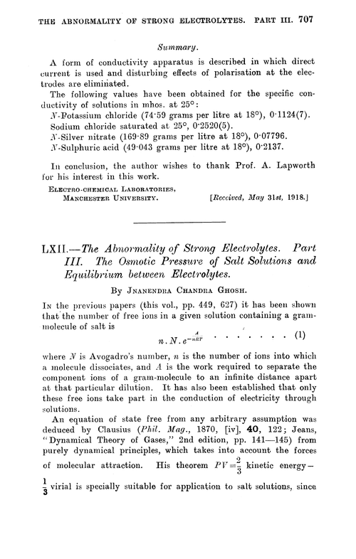 LXII.—The abnormality of strong electrolytes. Part III. The osmotic pressure of salt solutions and equilibrium between electrolytes