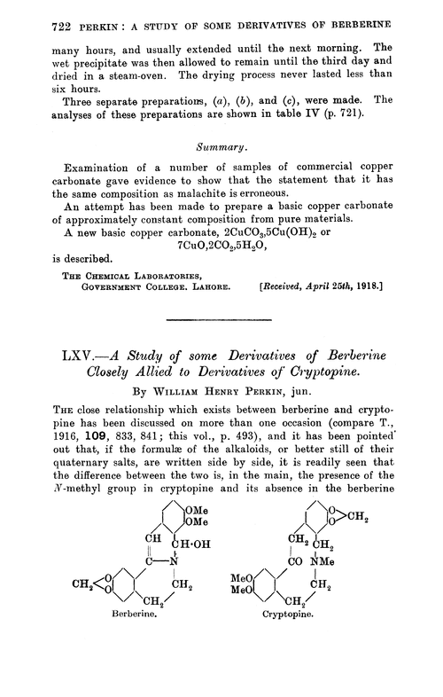LXV.—A study of some derivatives of berberine closely allied to derivatives of cryptopine