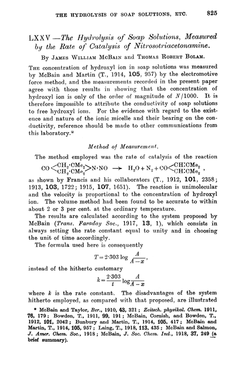 LXXV.—The hydrolysis of soap solutions, measured by the rate of catalysis of nitrosotriacetonamine