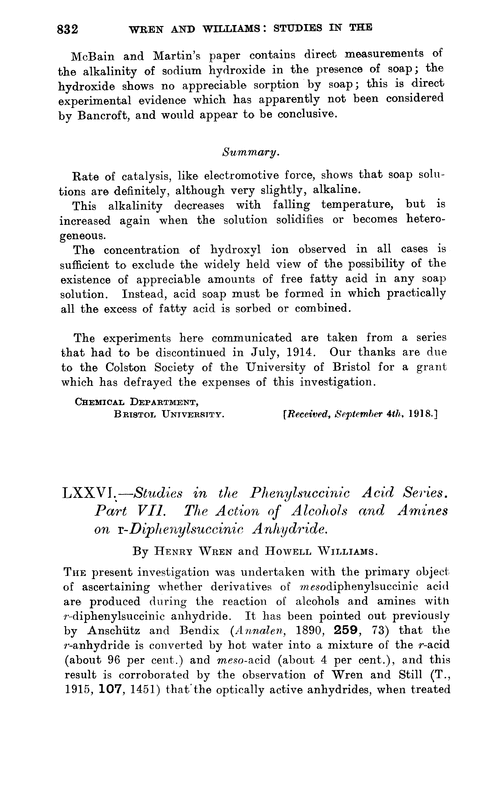 LXXVI.—Studies in the phenylsuccinic acid series. Part VII. The action of alcohols and amines on r-diphenylsuccinic anhydride