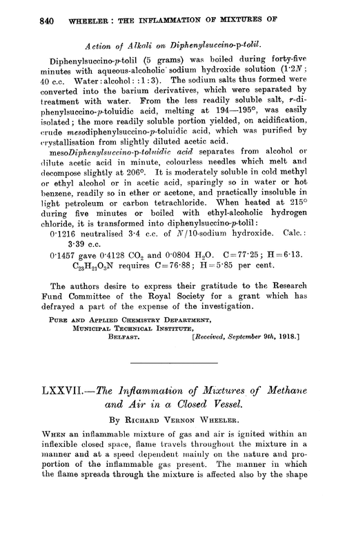 LXXVII.—The inflammation of mixtures of methane and air in a closed vessel