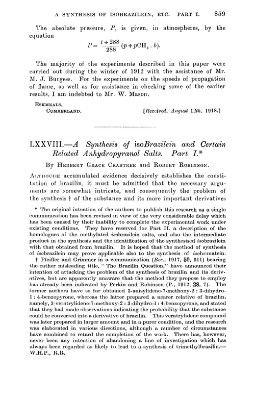 LXXVIII.—A synthesis of isobrazilein and certain related anhydropyranol salts. Part I
