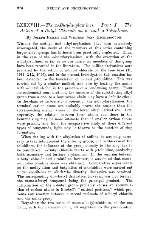 LXXXVIII.—The n-butylarylamines. Part I. The action of n-butyl chloride on o- and p-toluidines