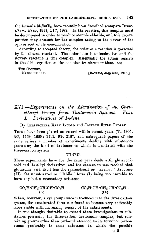 XVI.—Experiments on the elimination of the carbethoxyl group from tautomeric systems. Part I. Derivatives of indene