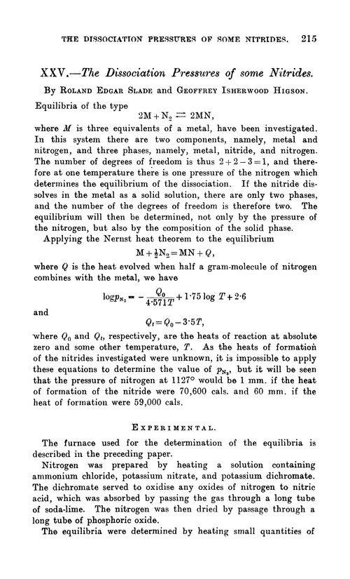 XXV.—The dissociation pressures of some nitrides
