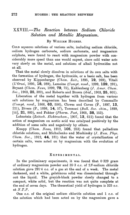 XXVIII.—The reaction between sodium chloride solution and metallic magnesium