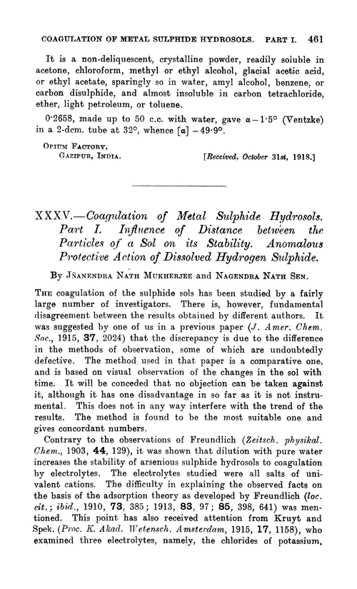 XXXV.—Coagulation of metal sulphide hydrosols. Part I. Influence of distance between the particles of a sol on its stability. Anomalous protective action of dissolved hydrogen sulphide