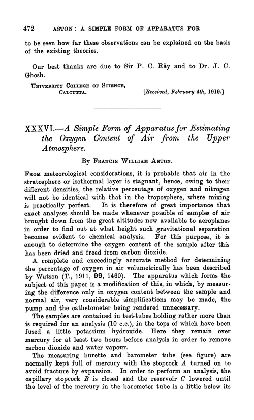 XXXVI.—A simple form of apparatus for estimating the oxygen content of air from the upper atmosphere