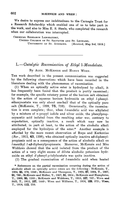 L.—Catalytic racemisation of ethyl l-mandelate