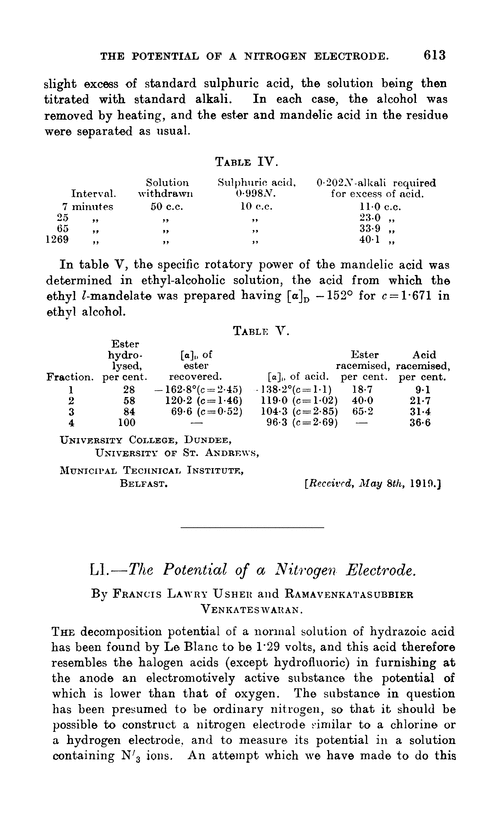 LI.—The potential of a nitrogen electrode
