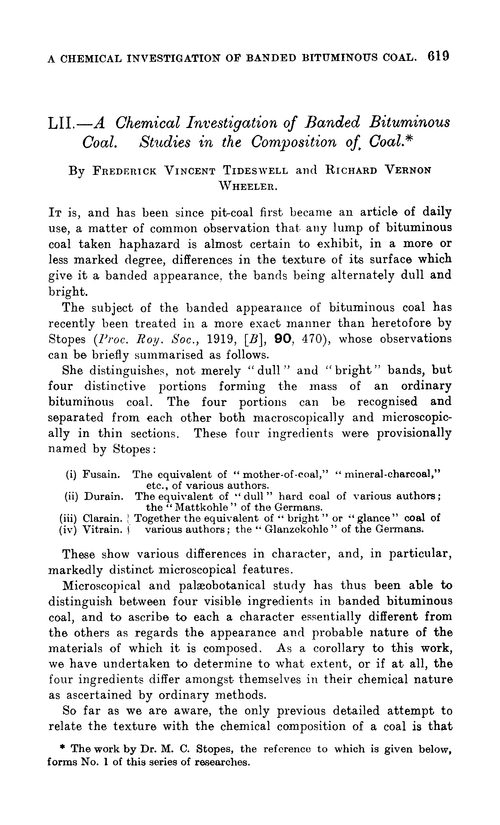LII.—A chemical investigation of banded bituminous coal. Studies in the composition of coal