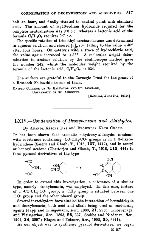 LXIV.—Condensation of deoxybenzoin and aldehydes
