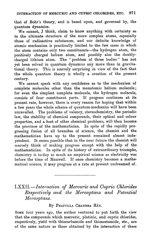 LXXII.—Interaction of mercuric and cupric chlorides respectively and the mercaptans and potential mercaptans