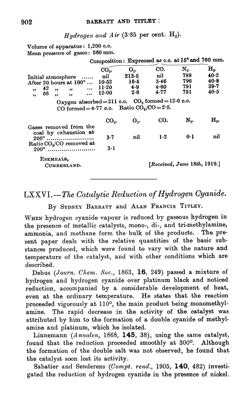 LXXVI.—The catalytic reduction of hydrogen cyanide