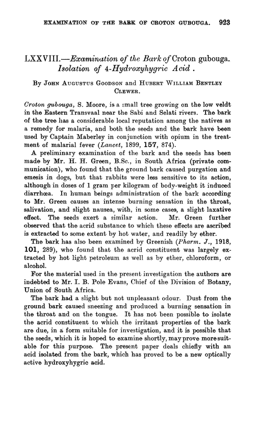 LXXVIII.—Examination of the bark of Croton gubouga. Isolation of 4-hydroxyhygric acid