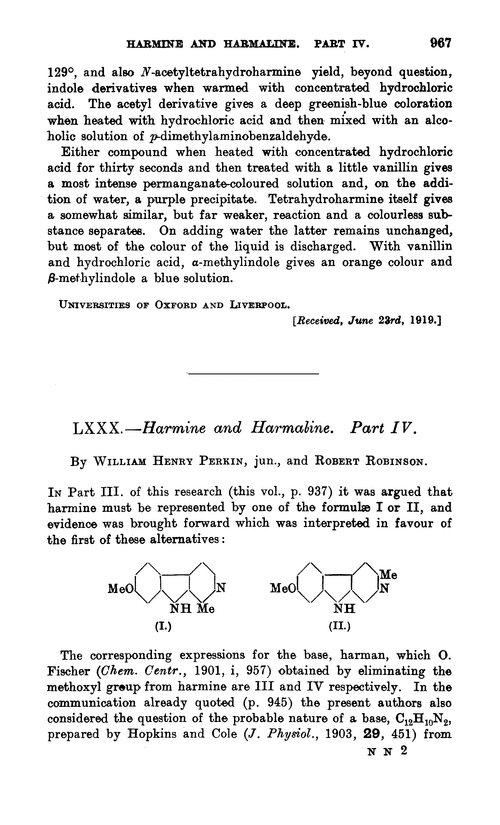 LXXX.—Harmine and harmaline. Part IV