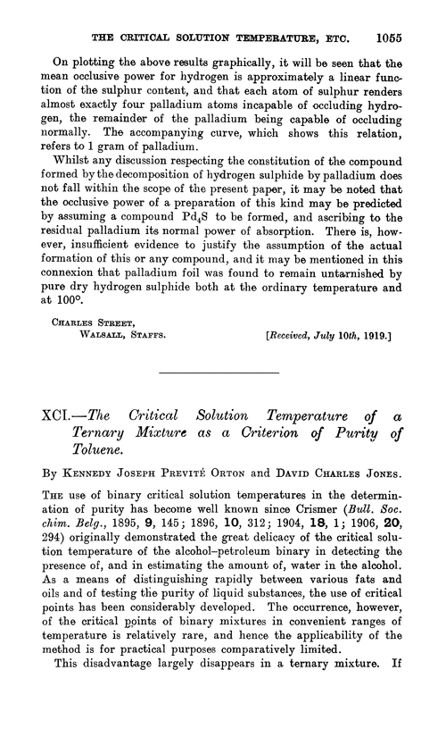 XCI.—The critical solution temperature of a ternary mixture as a criterion of purity of toluene